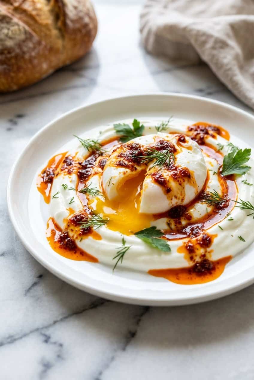 Close up of Turkish eggs cilbir