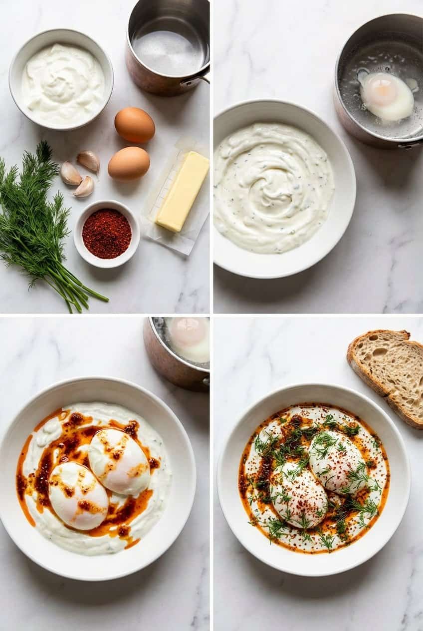Step by step process for Turkish eggs cilbir