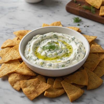 Tzatziki dip in a white ceramic bowl with pita chips on marble
