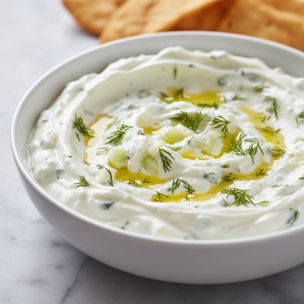 Close up of Tzatziki with Pita Chips