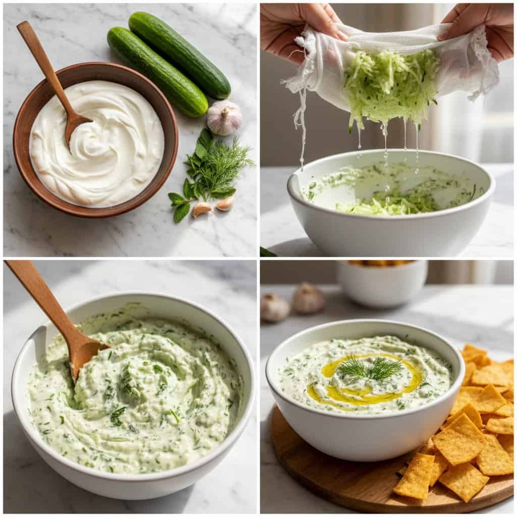 Step by step process for making Tzatziki with Pita Chips