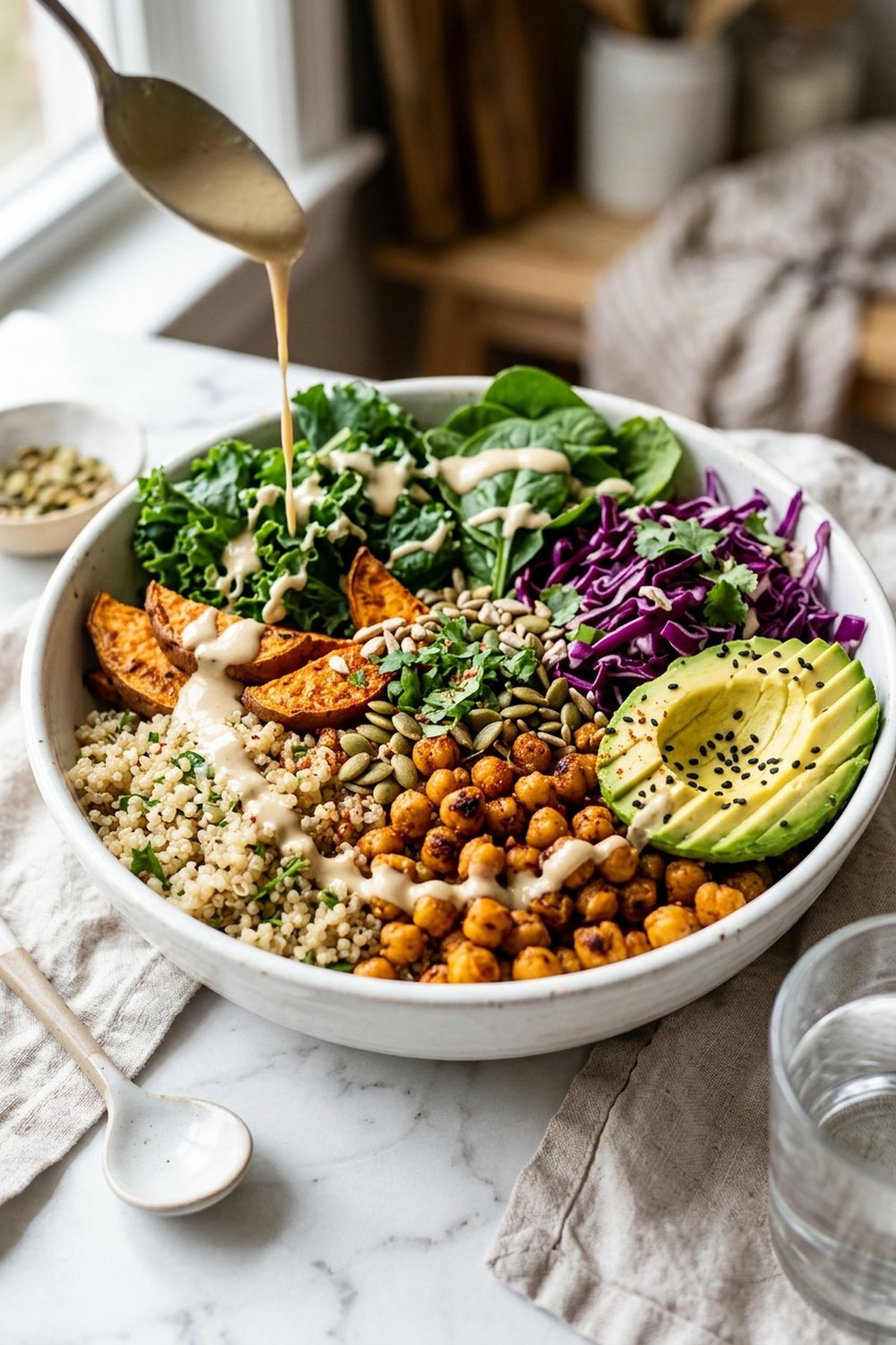 Vegan Buddha Bowl with Tahini Dressing close up