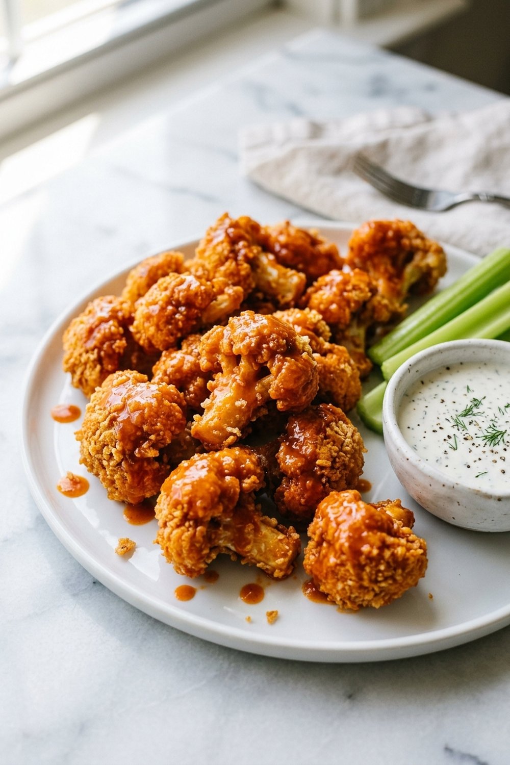 Vegan Buffalo Cauliflower Wings close up