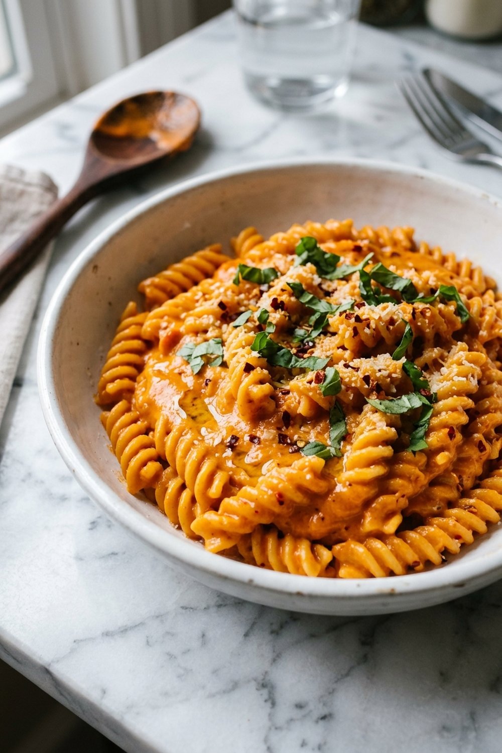 Vegan Creamy Roasted Red Pepper Pasta close up