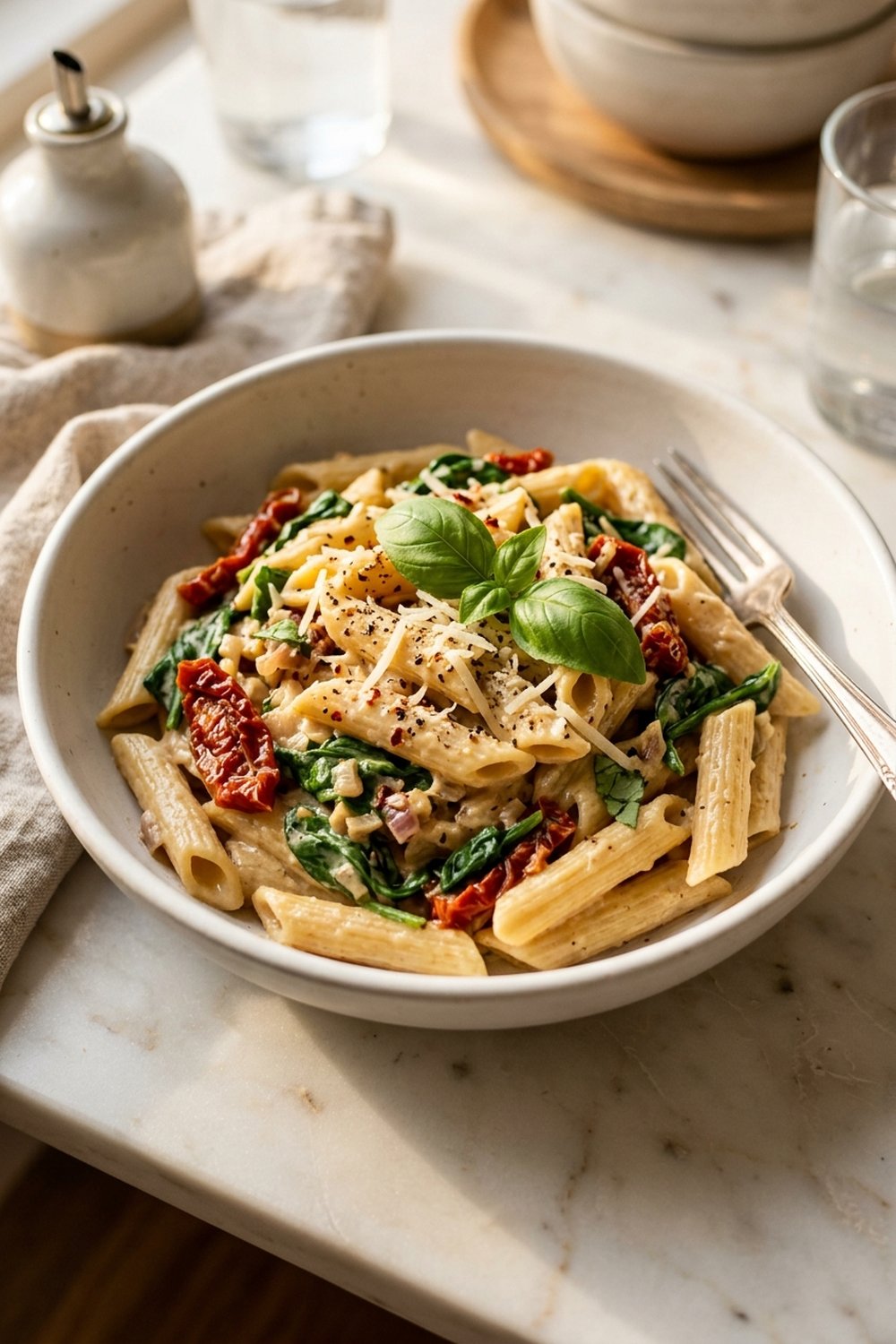 Vegan Creamy Tuscan Pasta close up