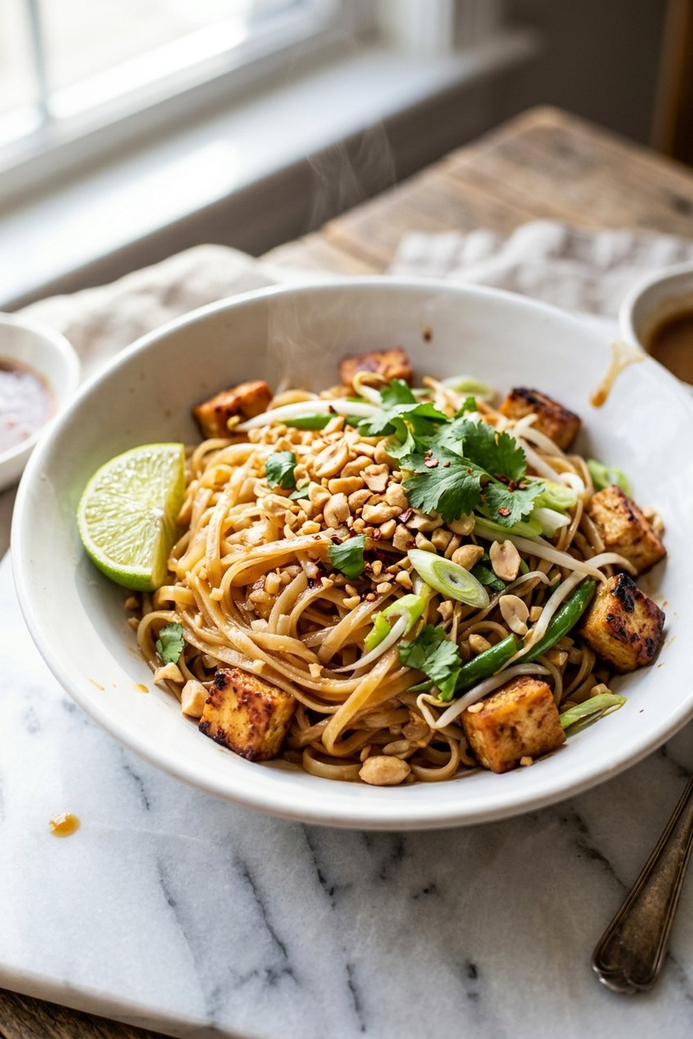 Vegan Pad Thai with Tofu close up