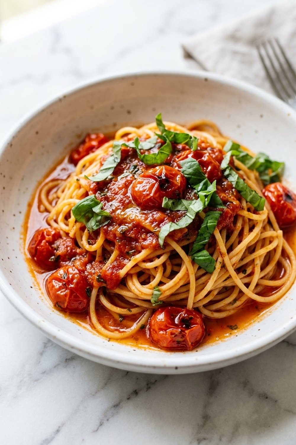 Vegan Tomato Basil Pasta close up