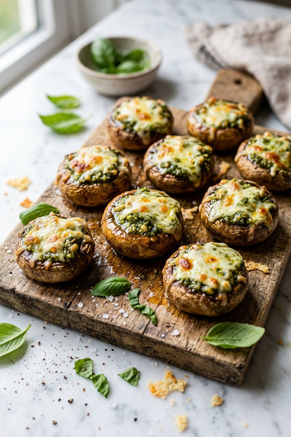 Vegetarian Pesto Stuffed Mushrooms close up