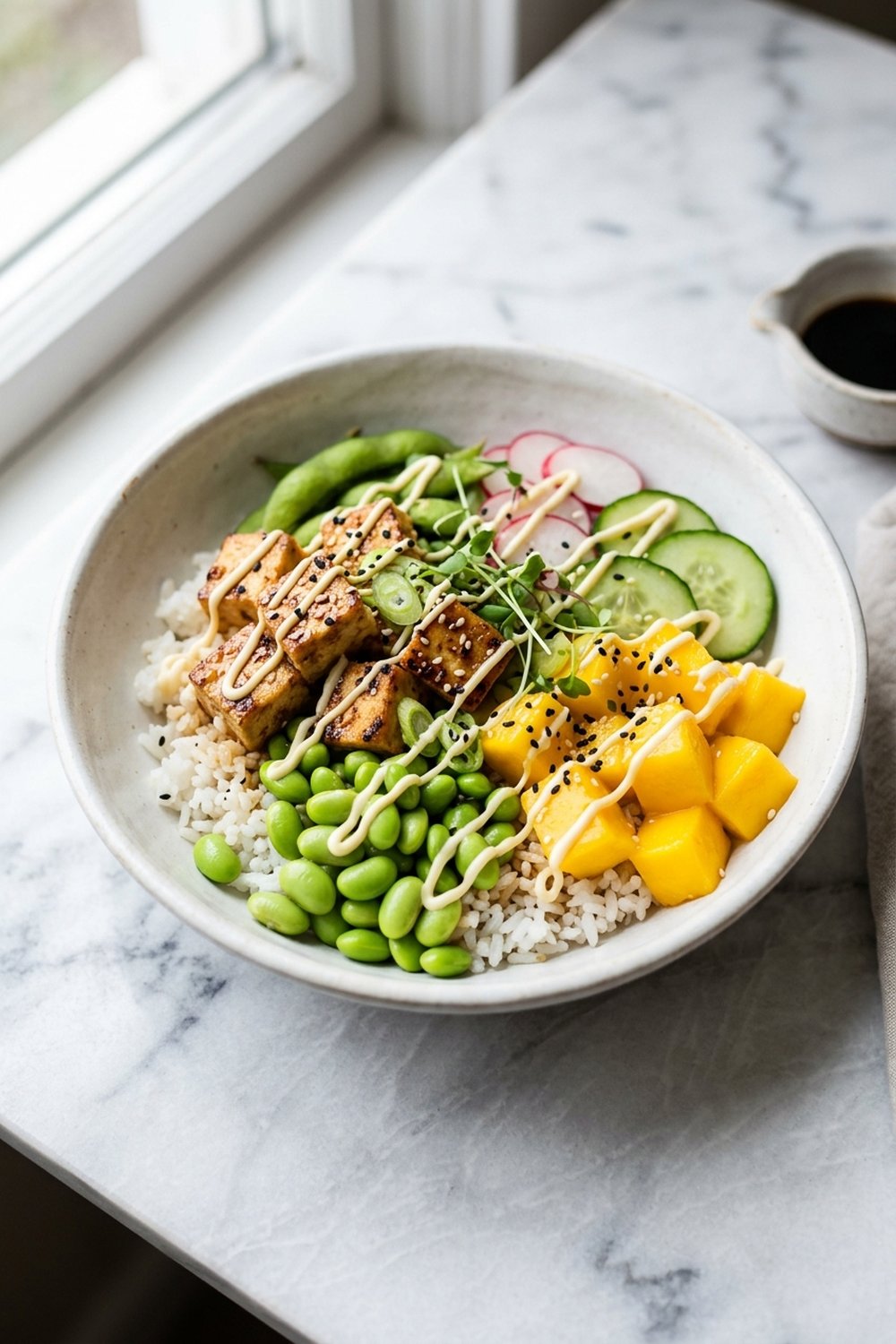 Vegetarian Poke Bowl with Tofu close up