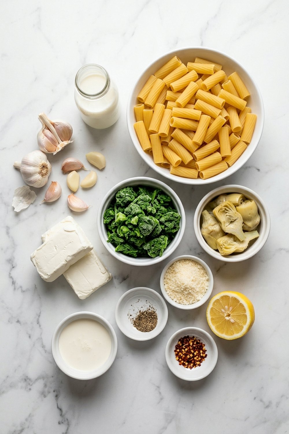 Vegetarian Spinach Artichoke Pasta ingredients
