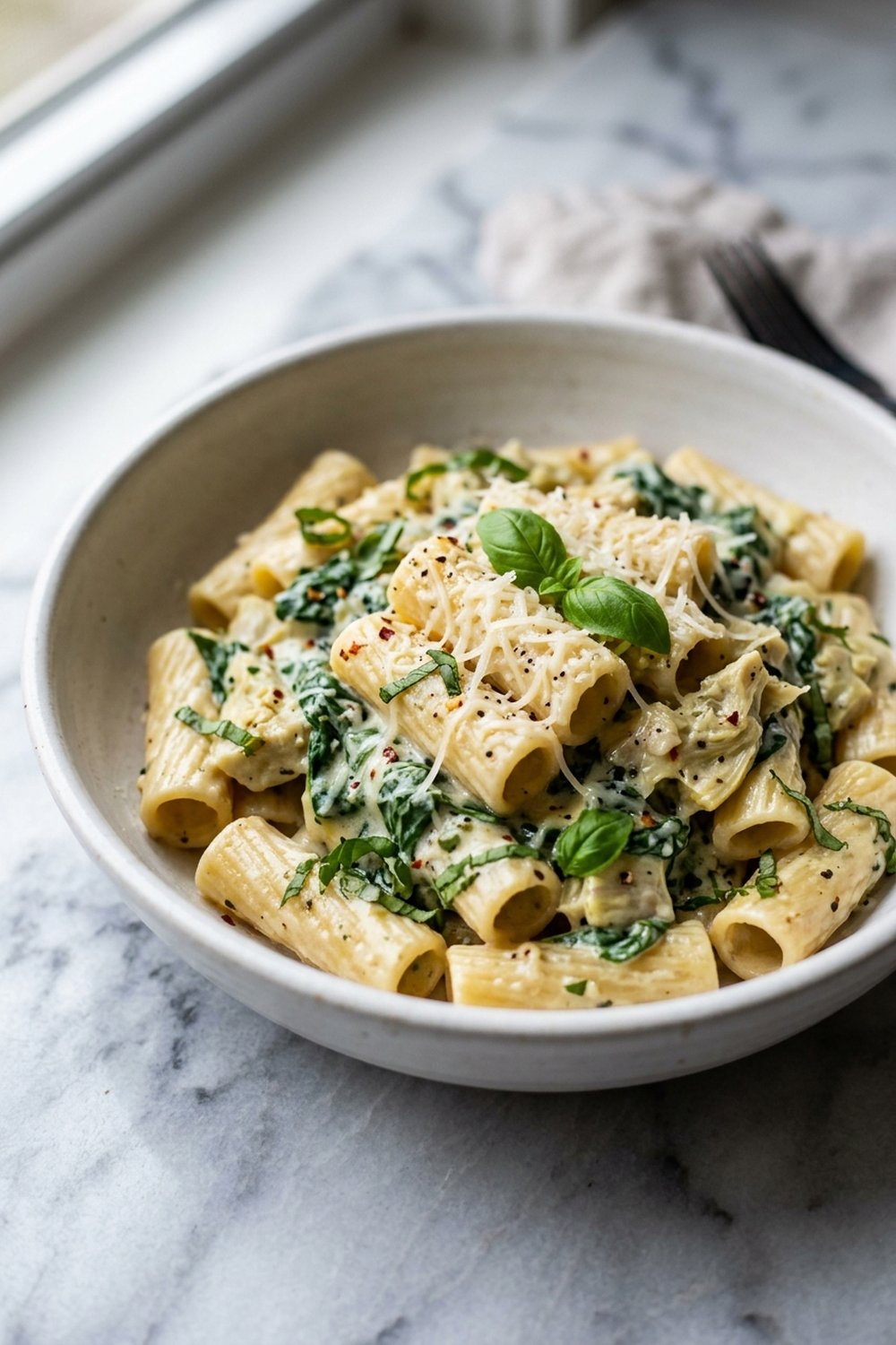 Vegetarian Spinach Artichoke Pasta close up