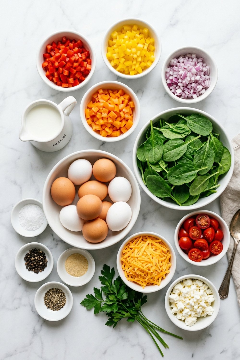 Flat lay of ingredients for veggie loaded egg muffins on white marble