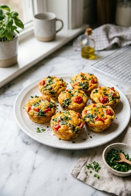 Veggie loaded egg muffins with bell pepper spinach and cheese on white plate