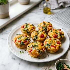 Veggie loaded egg muffins with bell pepper spinach and cheese on white plate