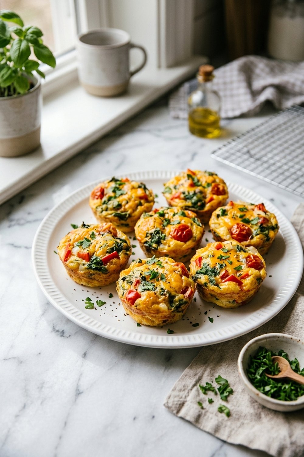 Veggie loaded egg muffins with bell pepper spinach and cheese on white plate
