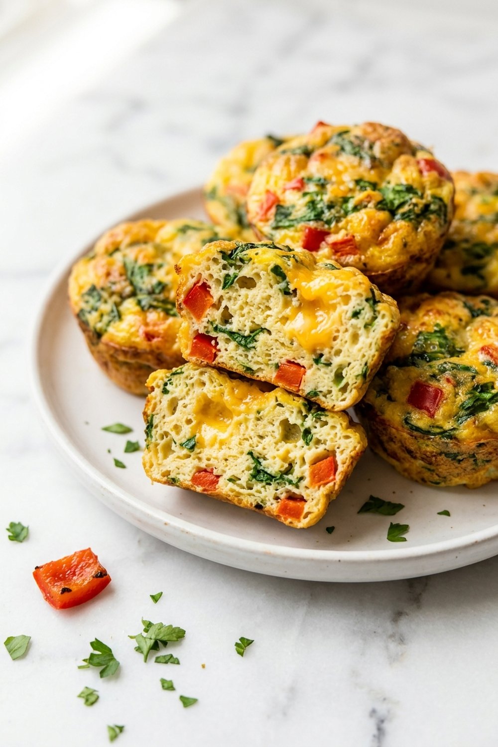 Close up of veggie loaded egg muffin halved showing fluffy interior