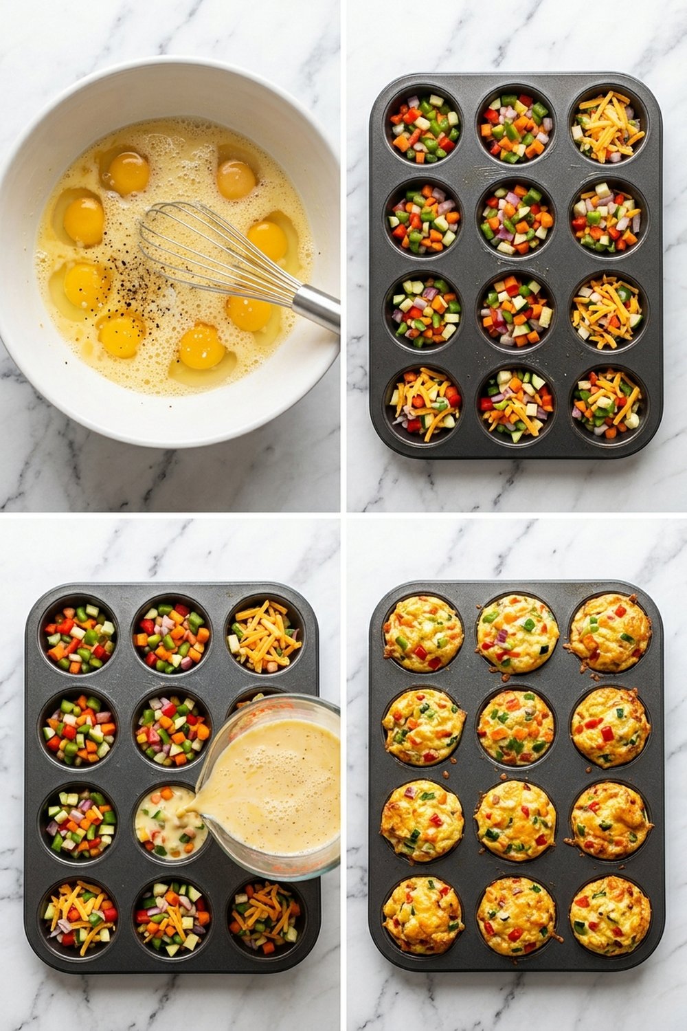 Four step process collage for veggie loaded egg muffins