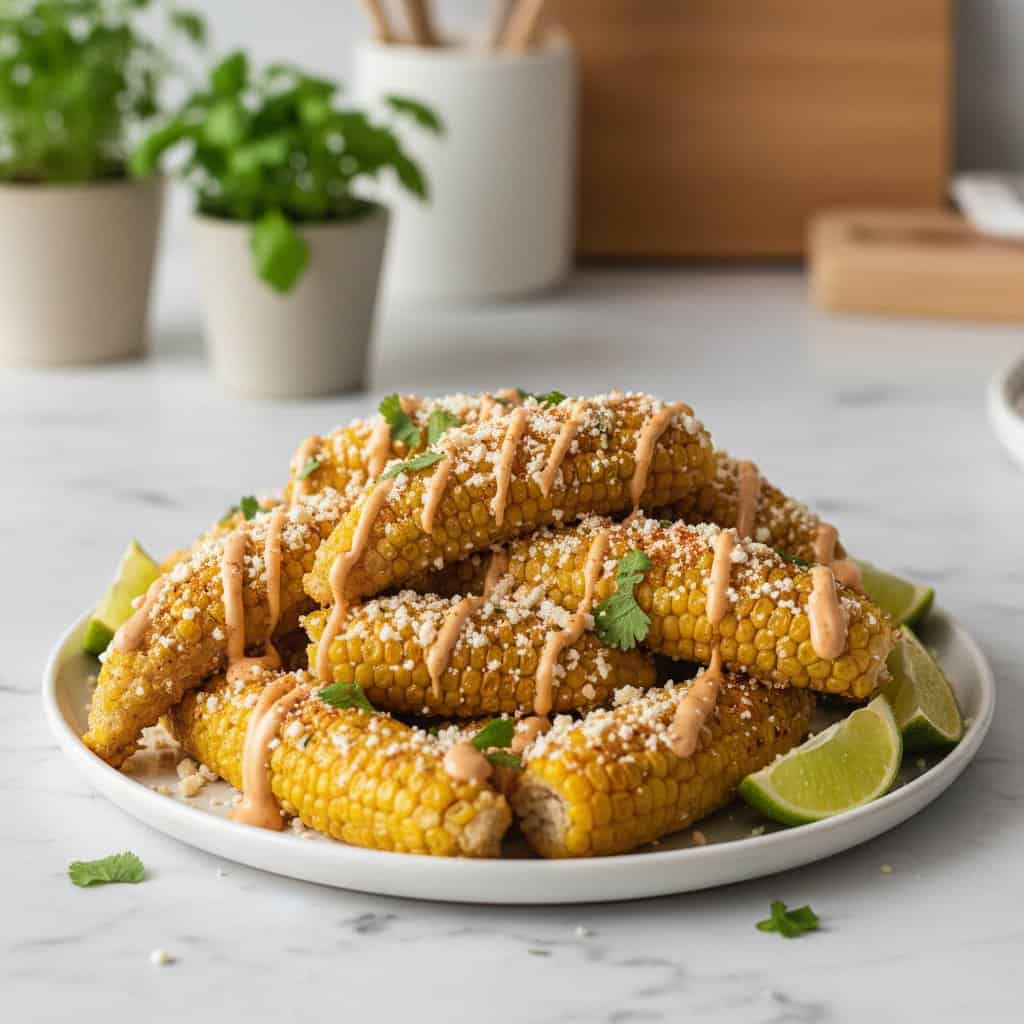 Viral TikTok corn ribs in a white ceramic dish on marble