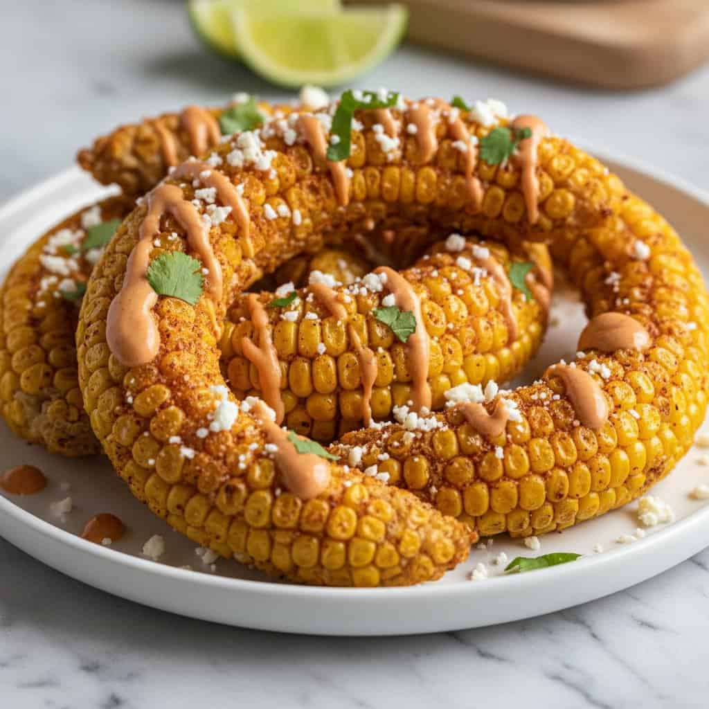 Close up of viral TikTok corn ribs with cotija and lime