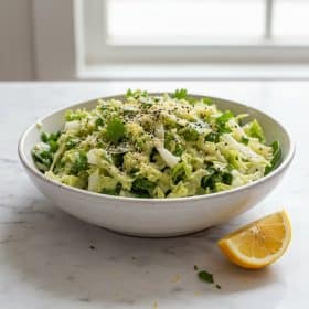 Viral TikTok green goddess salad in a white ceramic bowl on marble