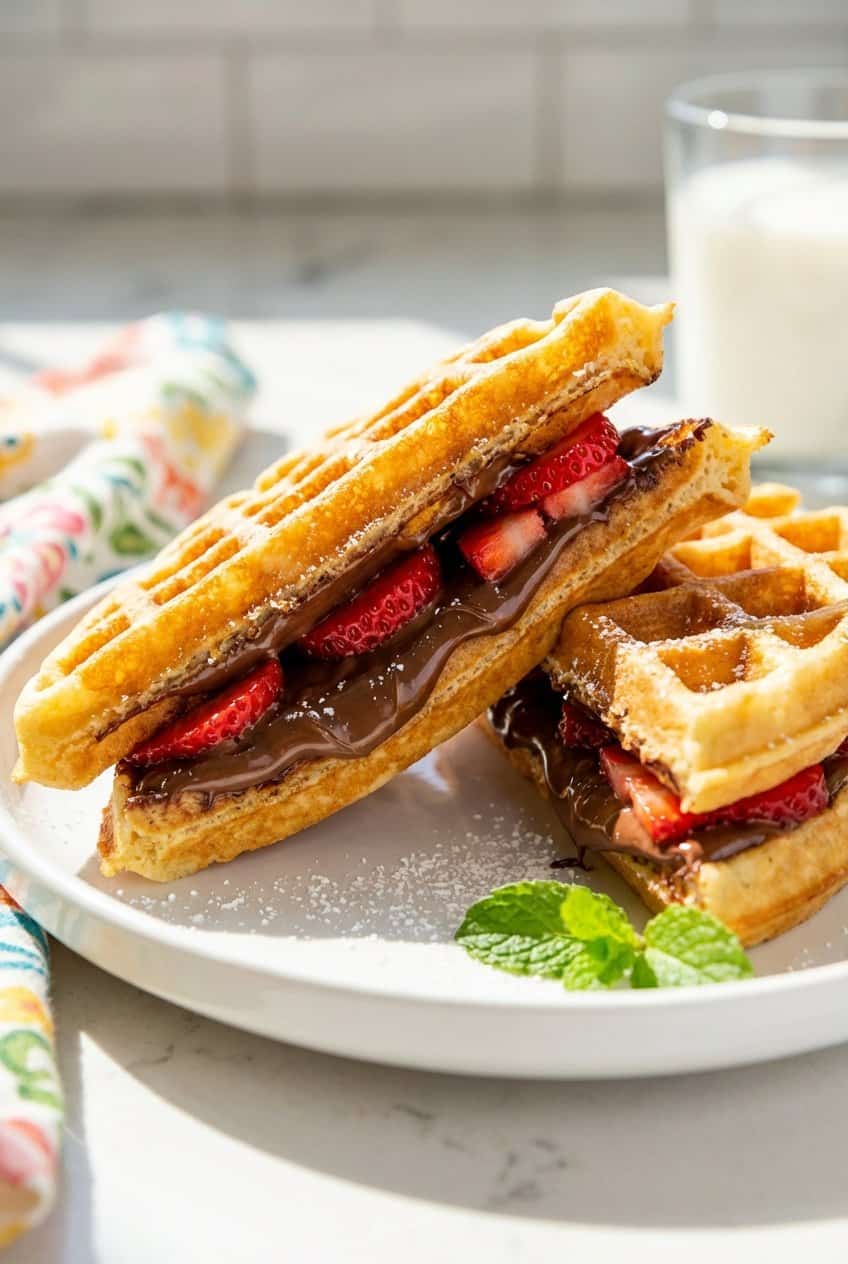 Close up of waffle sandwich cut in half