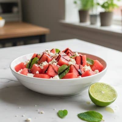 Watermelon feta mint salad in a white ceramic bowl on marble