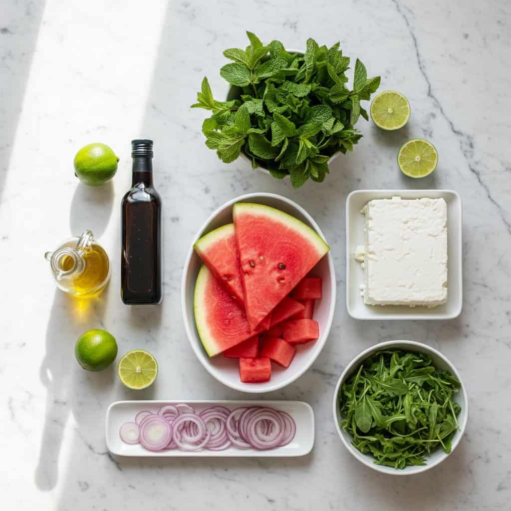 Ingredients for watermelon feta mint salad