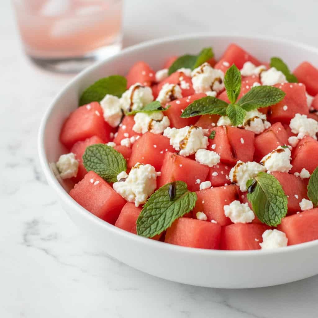 Close up of watermelon feta mint salad