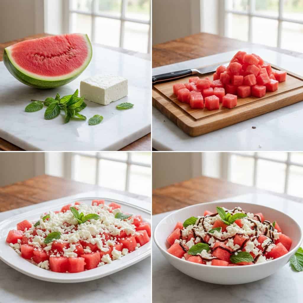 Step by step process for watermelon feta mint salad