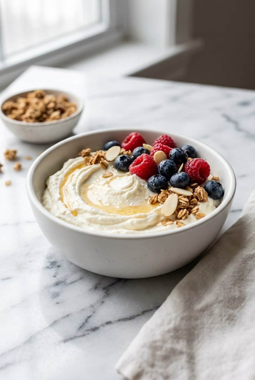 Whipped cottage cheese bowl topped with fresh berries, honey drizzle, granola clusters, and sliced almonds