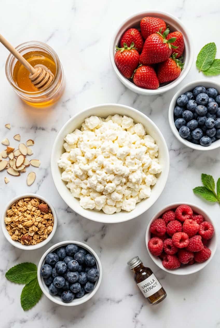 Raw ingredients for whipped cottage cheese bowl laid out in white ceramic bowls on marble including cottage cheese, berries, granola, honey, and almonds