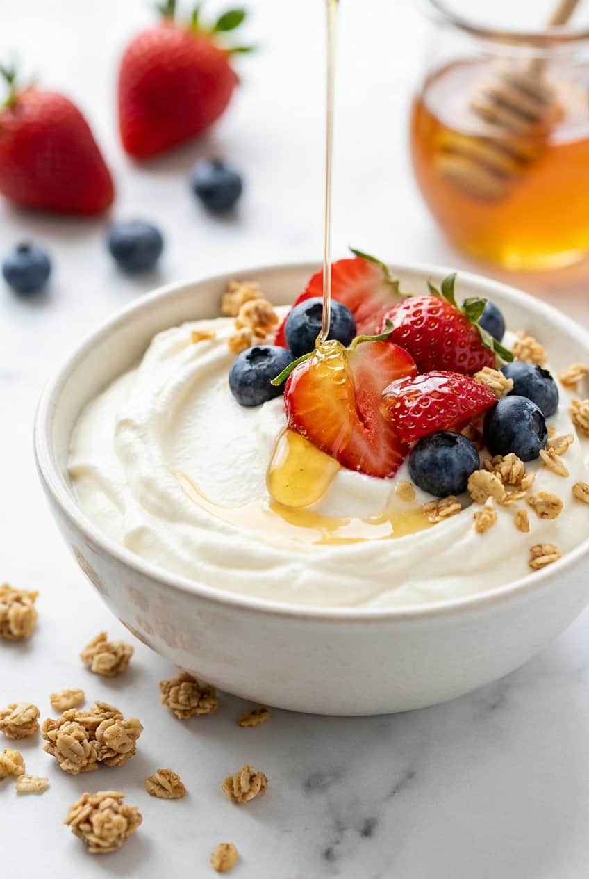 Single serving of whipped cottage cheese bowl with smooth creamy base topped with fresh strawberries, blueberries, honey, and granola