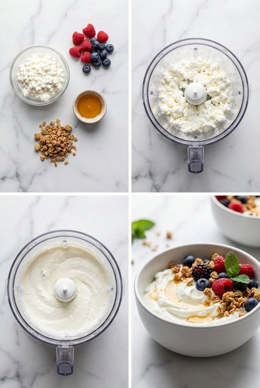 Four panel collage showing step by step process of making whipped cottage cheese bowl from raw ingredients to finished bowl