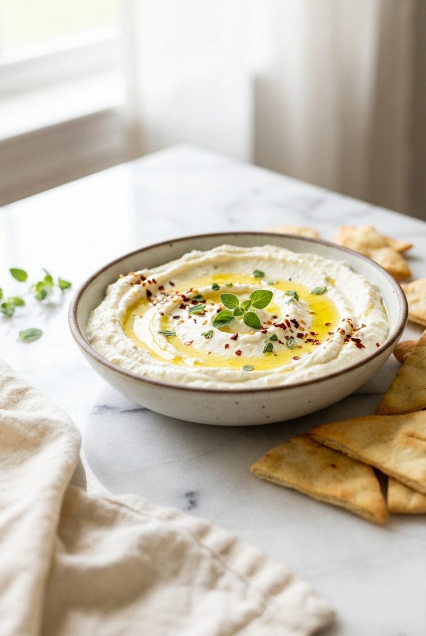 Whipped feta dip with olive oil and red pepper flakes