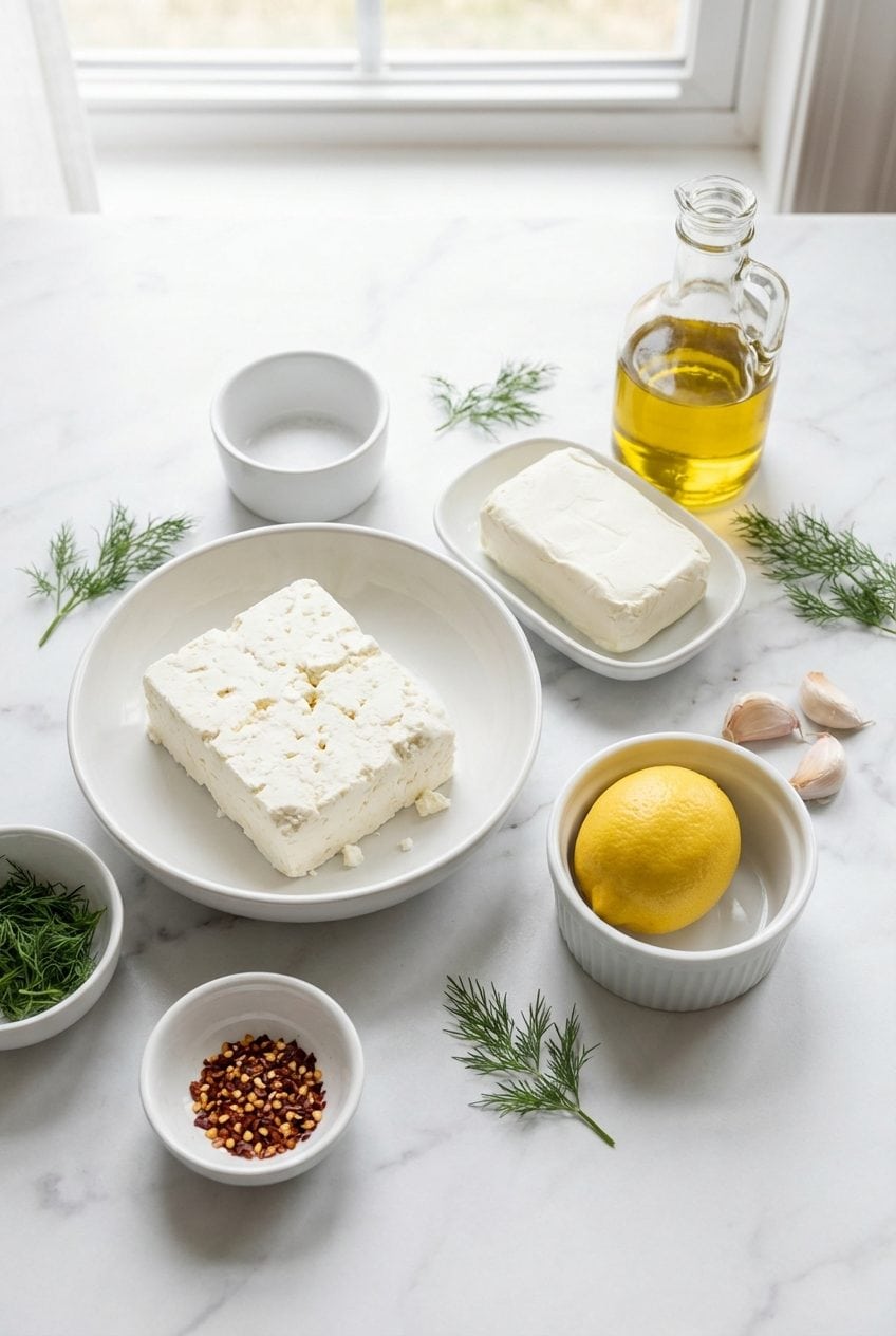 Raw ingredients for whipped feta dip