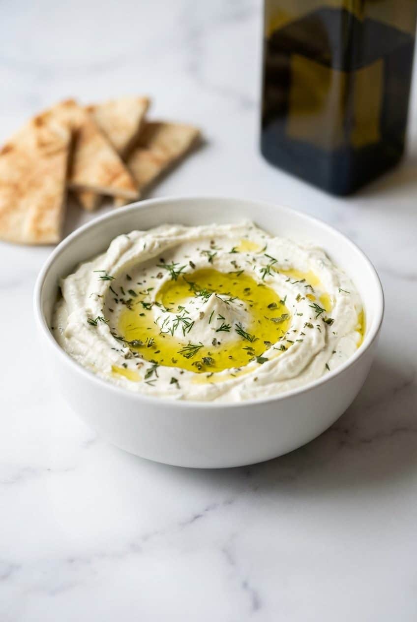 Whipped feta dip in white bowl with olive oil and pita
