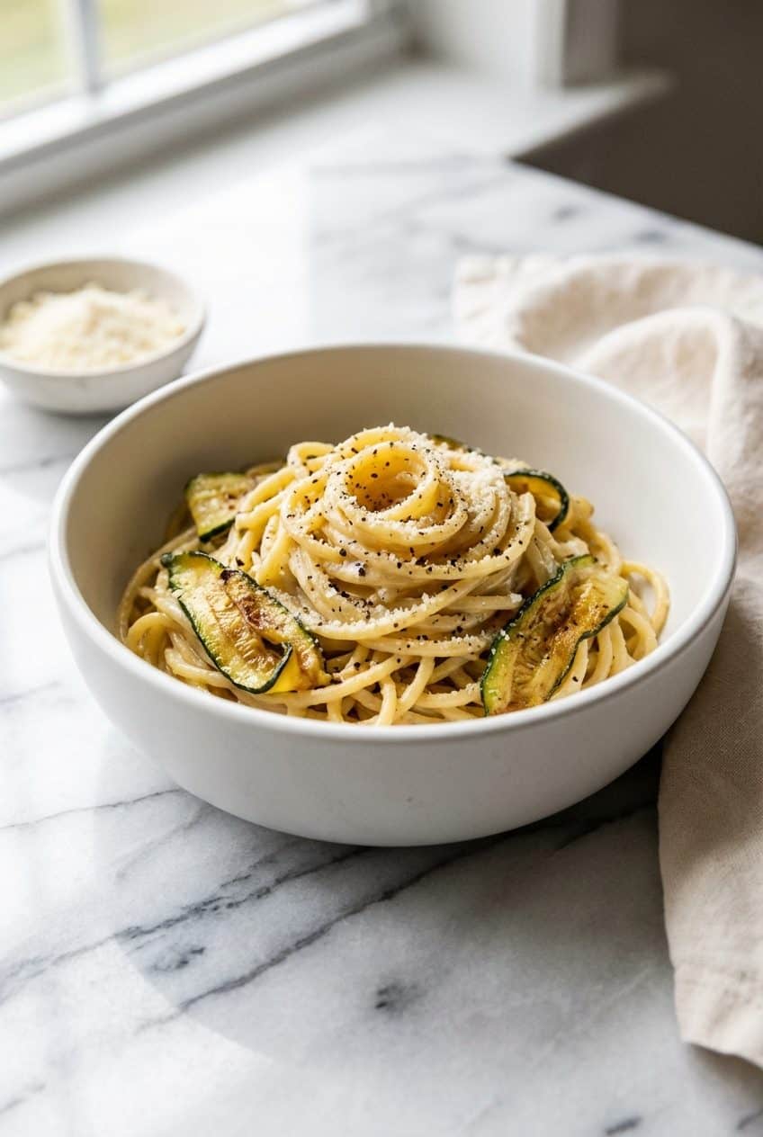 Zucchini carbonara pasta in white bowl