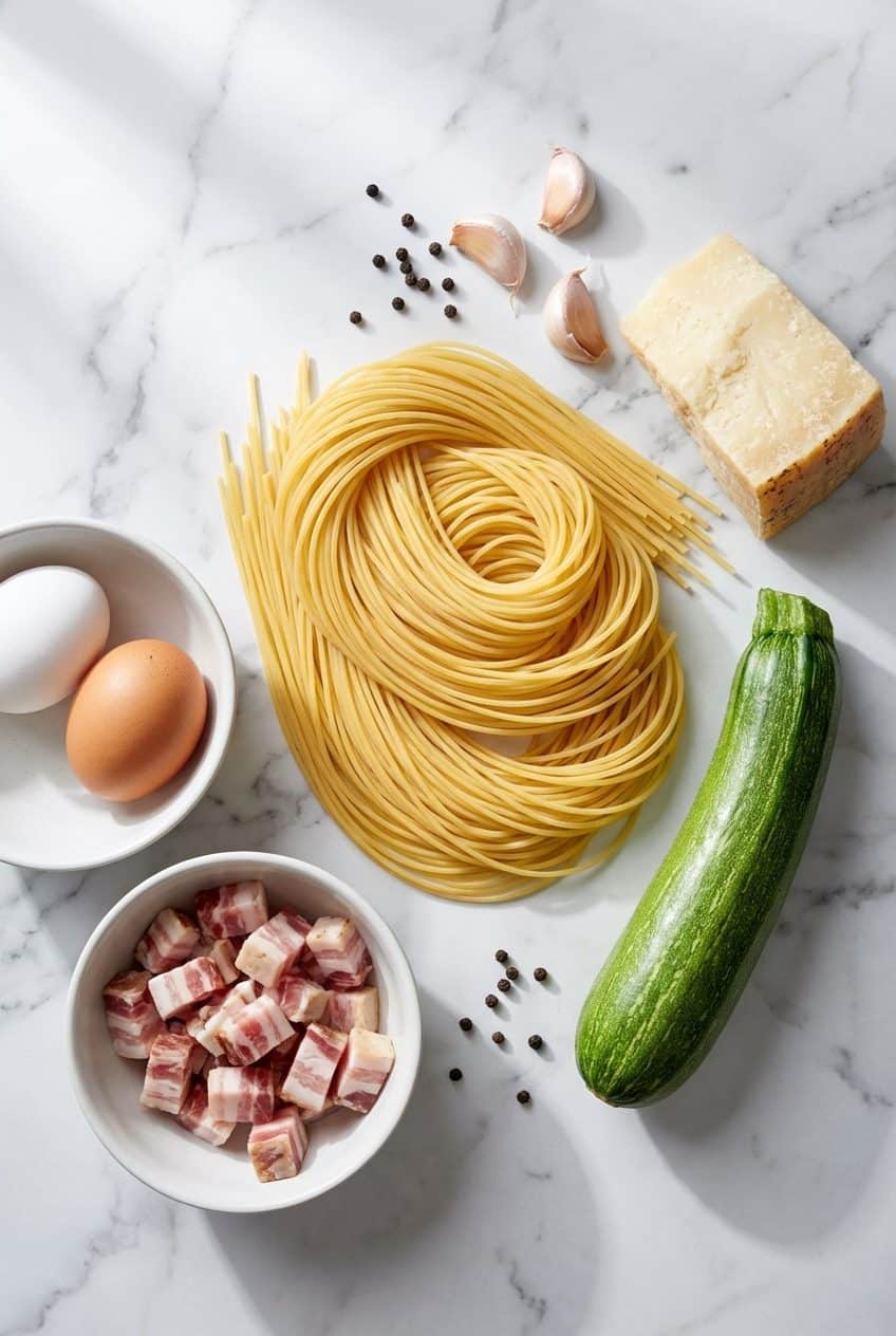 Raw ingredients for zucchini carbonara