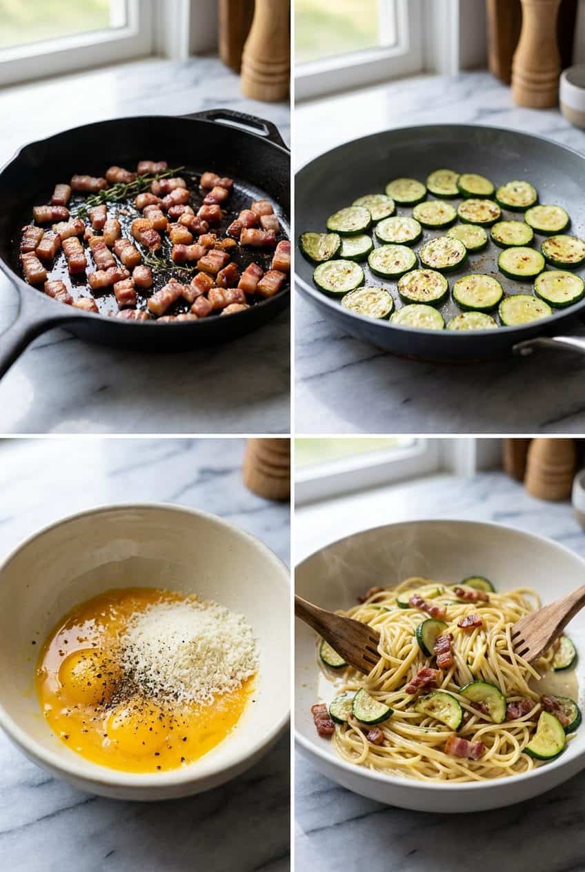 Step by step process of making zucchini carbonara