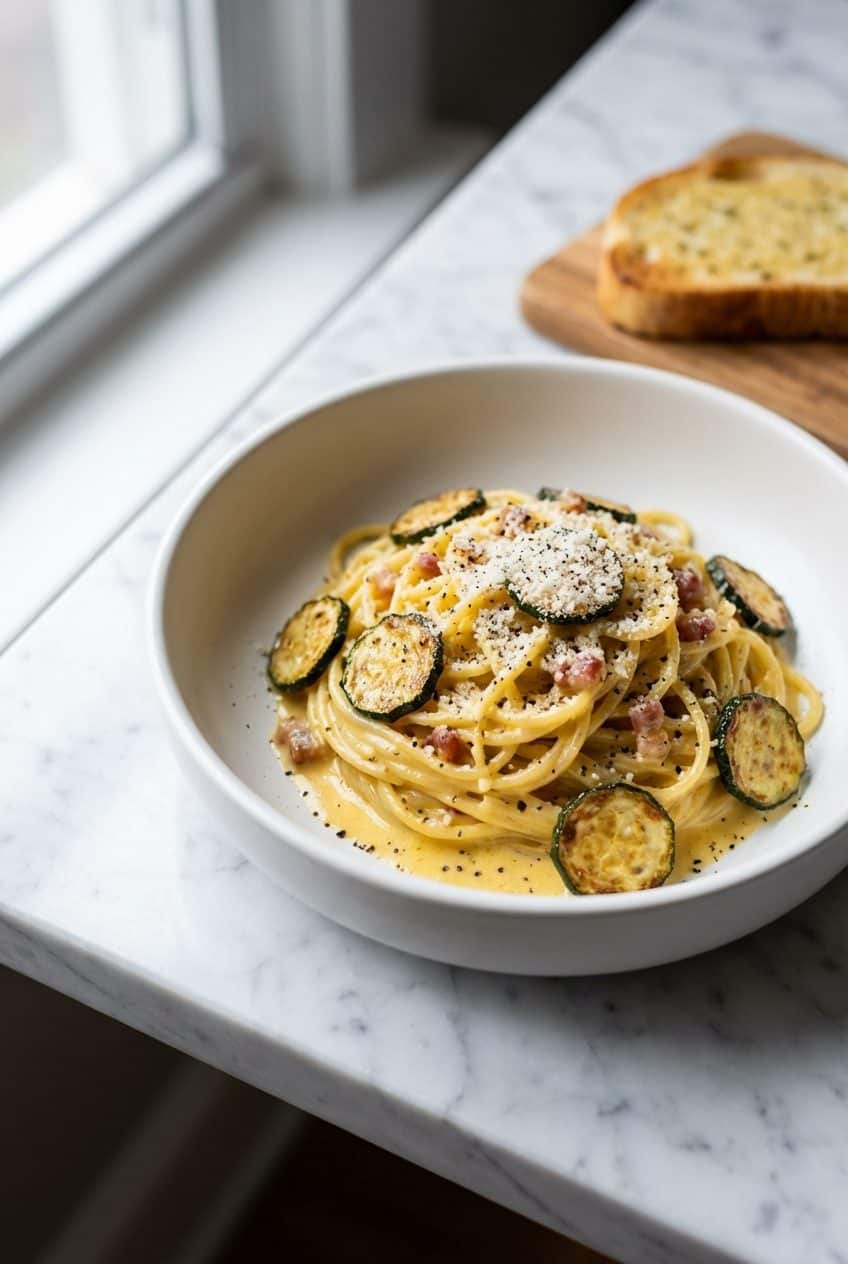 Single serving zucchini carbonara with black pepper