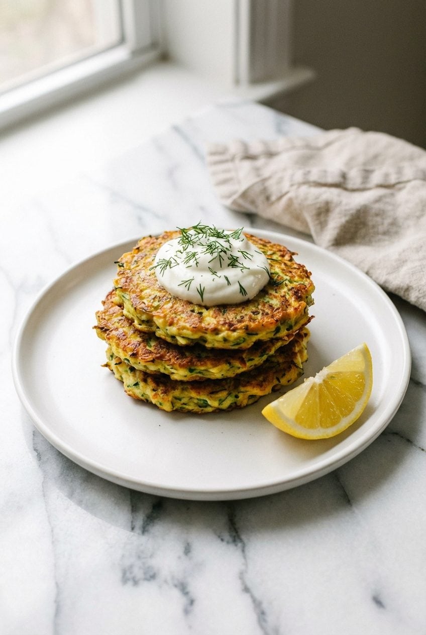Golden zucchini fritters with sour cream and dill