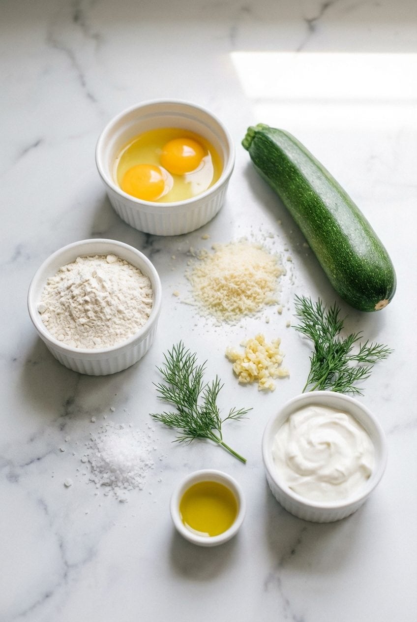 Raw ingredients for zucchini fritters