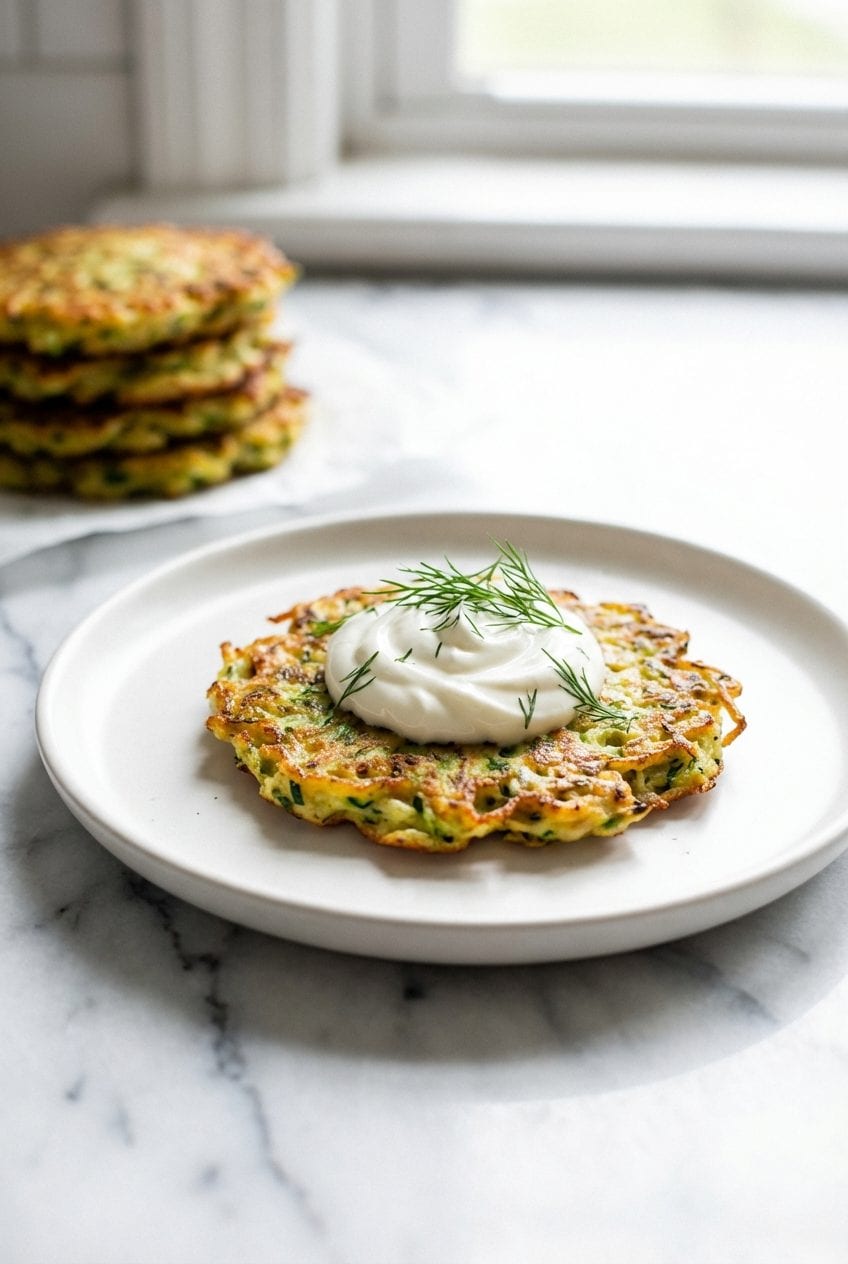Single zucchini fritter with sour cream and dill