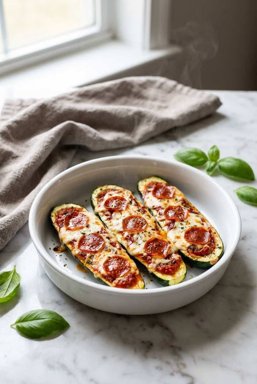 Zucchini pizza boats with melted mozzarella pepperoni and fresh basil in white baking dish
