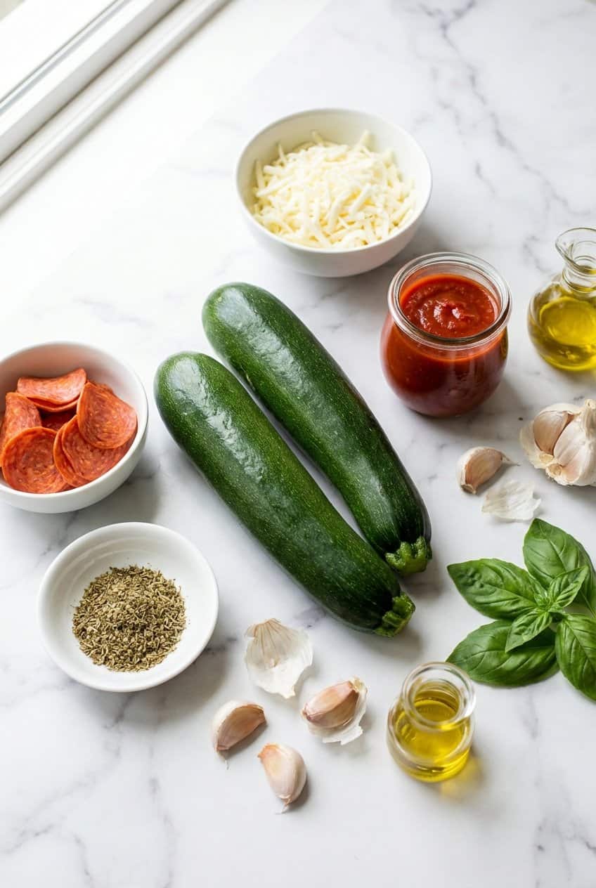Flat lay of raw ingredients for zucchini pizza boats on marble surface