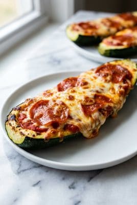 Close-up of zucchini pizza boat with bubbly melted cheese and pepperoni
