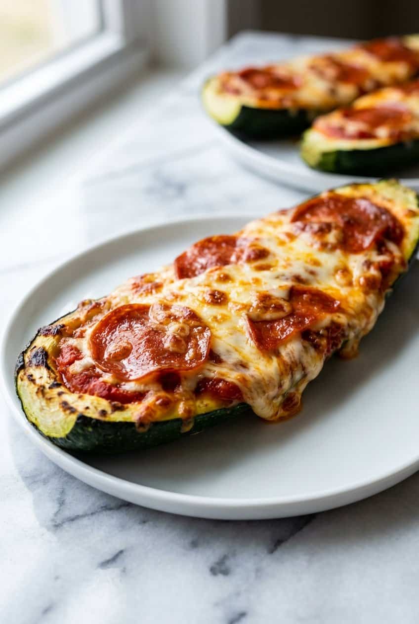 Close-up of zucchini pizza boat with bubbly melted cheese and pepperoni