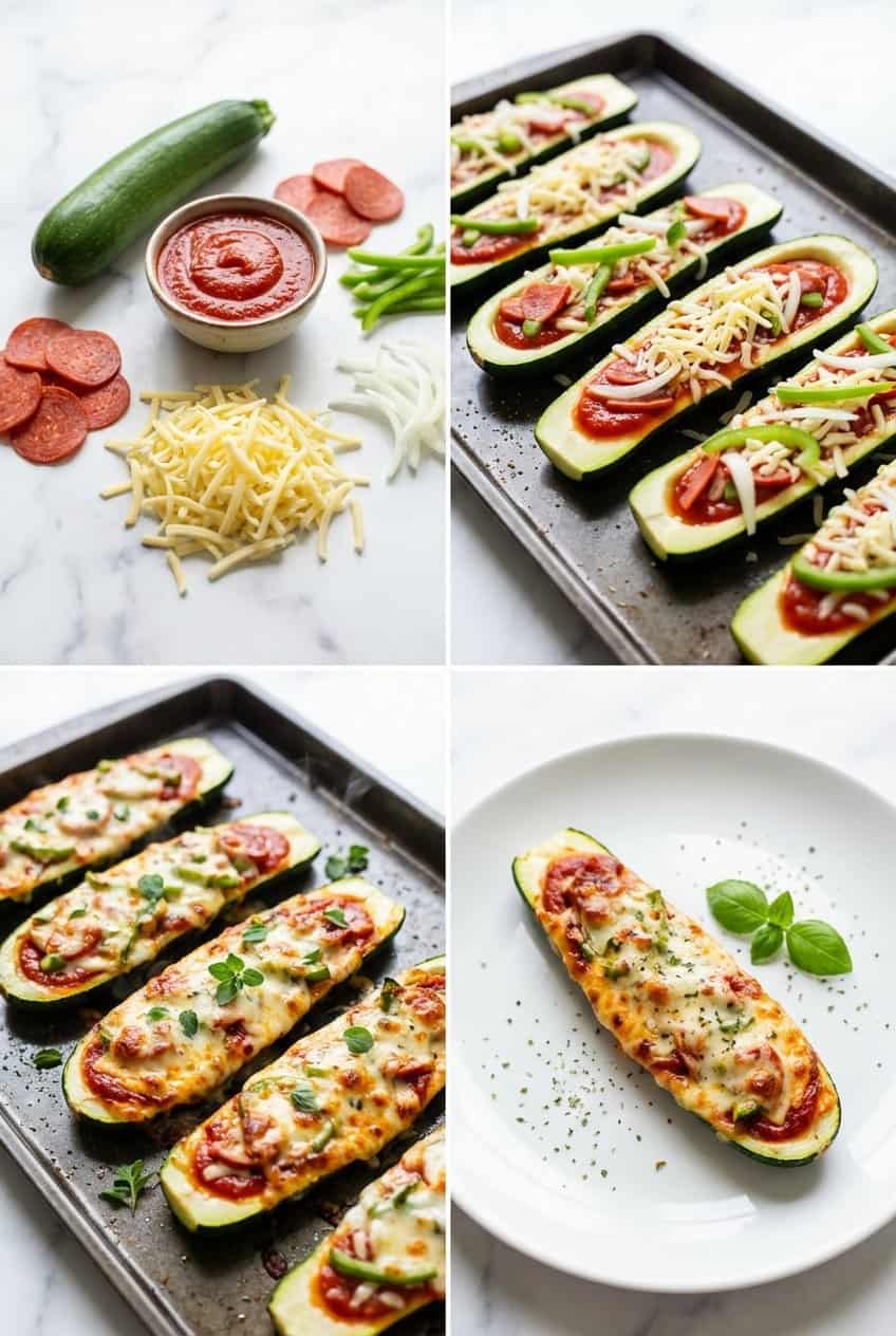 Four step process collage for making zucchini pizza boats