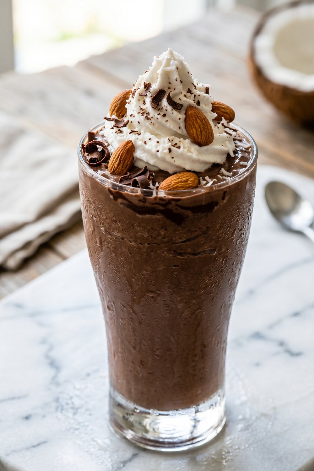 Almond Joy Protein Shake close up