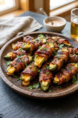 Bacon Wrapped Jalapeno Poppers served on a plate